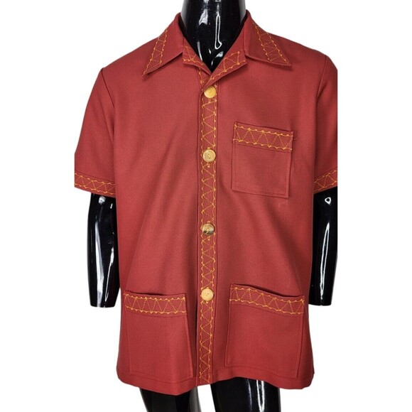 Vintage MCM Wood Buttons Radio Wave Stitch Men's Tiki Rockabilly Camp Shirt L/XL - Picture 7 of 9